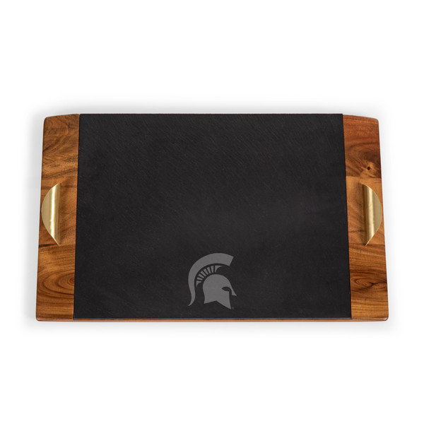 Michigan State Spartans Covina Acacia and Slate Serving Tray, (Acacia Wood & Slate Black with Gold Accents)