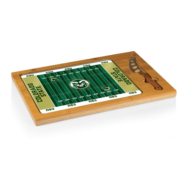 Colorado State Rams Football Field Icon Glass Top Cutting Board & Knife Set, (Parawood & Bamboo)