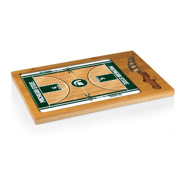 Michigan State Spartans Basketball Court Icon Glass Top Cutting Board & Knife Set, (Parawood & Bamboo)