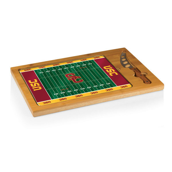USC Trojans Football Field Icon Glass Top Cutting Board & Knife Set, (Parawood & Bamboo)
