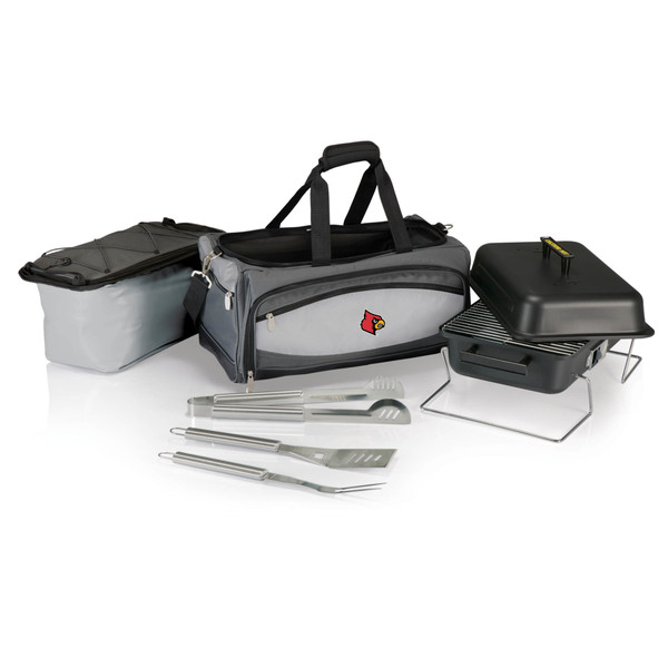 Louisville Cardinals Buccaneer Portable Charcoal Grill & Cooler Tote, (Black with Gray Accents)