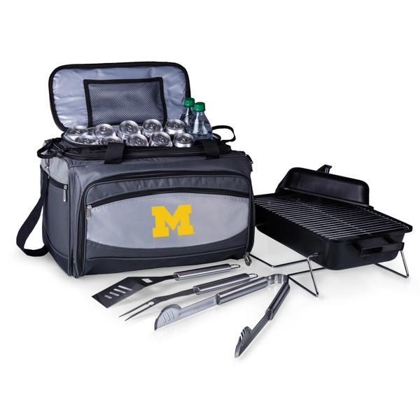 Michigan Wolverines Buccaneer Portable Charcoal Grill & Cooler Tote, (Black with Gray Accents)