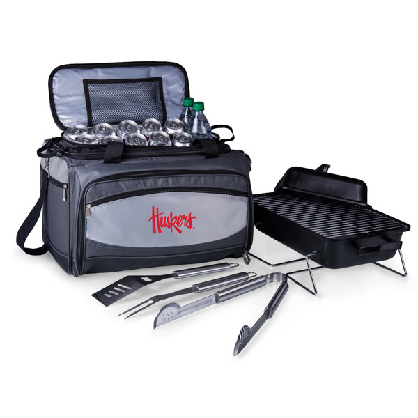 Nebraska Cornhuskers Buccaneer Portable Charcoal Grill & Cooler Tote, (Black with Gray Accents)