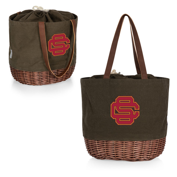 USC Trojans Coronado Canvas and Willow Basket Tote, (Khaki Green with Beige Accents)