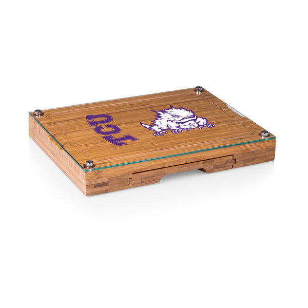 TCU Horned Frogs Concerto Glass Top Cheese Cutting Board & Tools Set, (Bamboo)