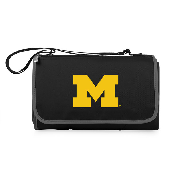 Michigan Wolverines Blanket Tote Outdoor Picnic Blanket, (Black with Black Exterior)