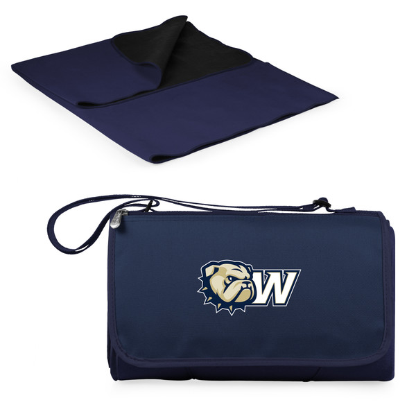 Wingate University Bulldogs Blanket Tote Outdoor Picnic Blanket, (Navy Blue with Blue Flap)
