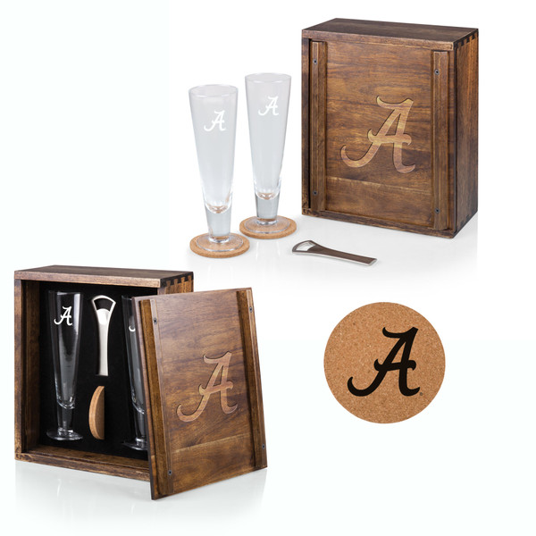 Alabama Crimson Tide Pilsner Beer Glass Gift Set, (Acacia Wood)