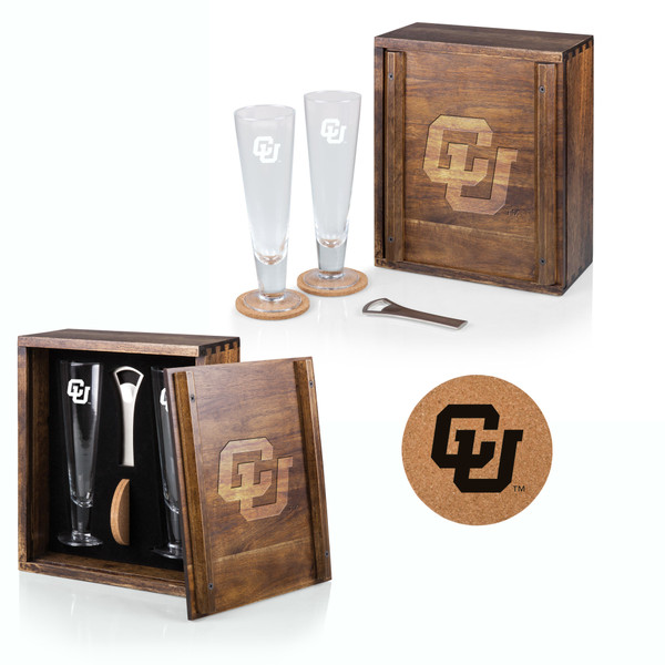 Colorado Buffaloes Pilsner Beer Glass Gift Set, (Acacia Wood)