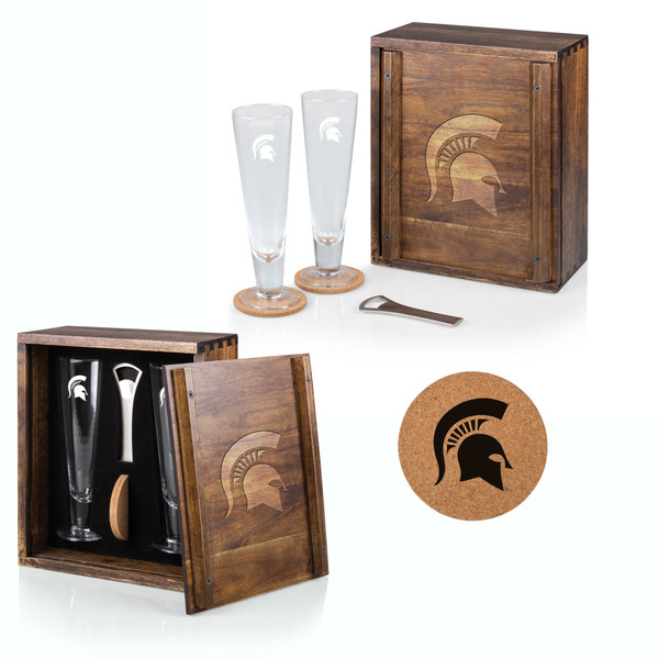 Michigan State Spartans Pilsner Beer Glass Gift Set, (Acacia Wood)