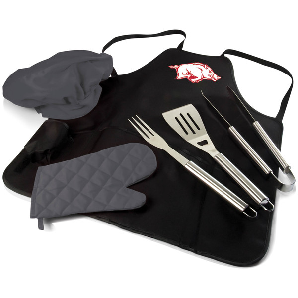 Arkansas Razorbacks BBQ Apron Tote Pro Grill Set, (Black with Gray Accents)