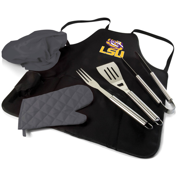 LSU Tigers BBQ Apron Tote Pro Grill Set, (Black with Gray Accents)
