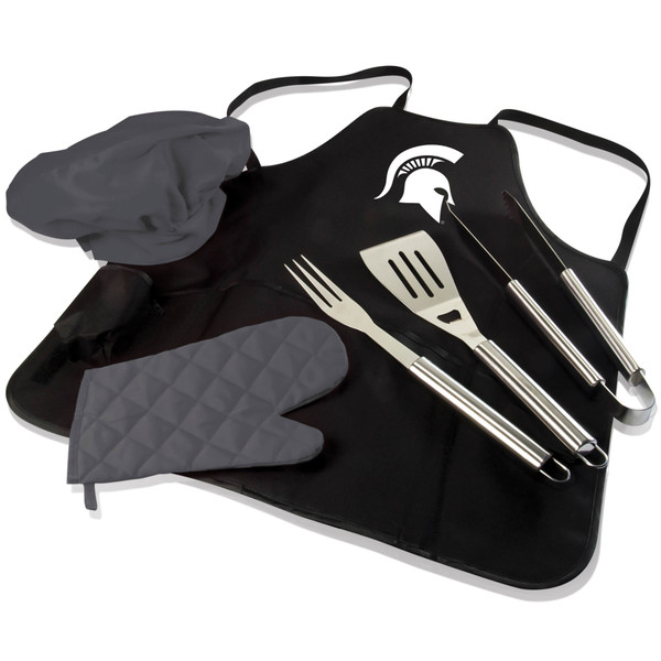 Michigan State Spartans BBQ Apron Tote Pro Grill Set, (Black with Gray Accents)