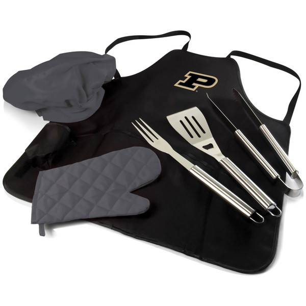 Purdue Boilermakers BBQ Apron Tote Pro Grill Set, (Black with Gray Accents)