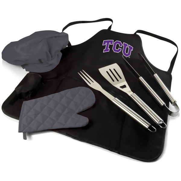 TCU Horned Frogs BBQ Apron Tote Pro Grill Set, (Black with Gray Accents)