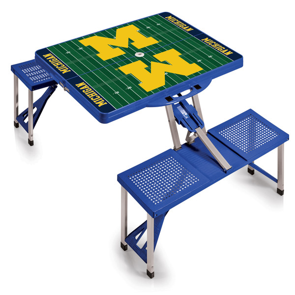 Michigan Wolverines Football Field Picnic Table Portable Folding Table with Seats, (Royal Blue)