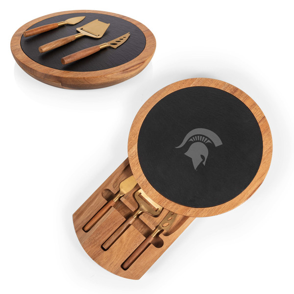 Michigan State Spartans Insignia Acacia and Slate Serving Board with Cheese Tools, (Acacia Wood & Slate Black with Gold Accents)