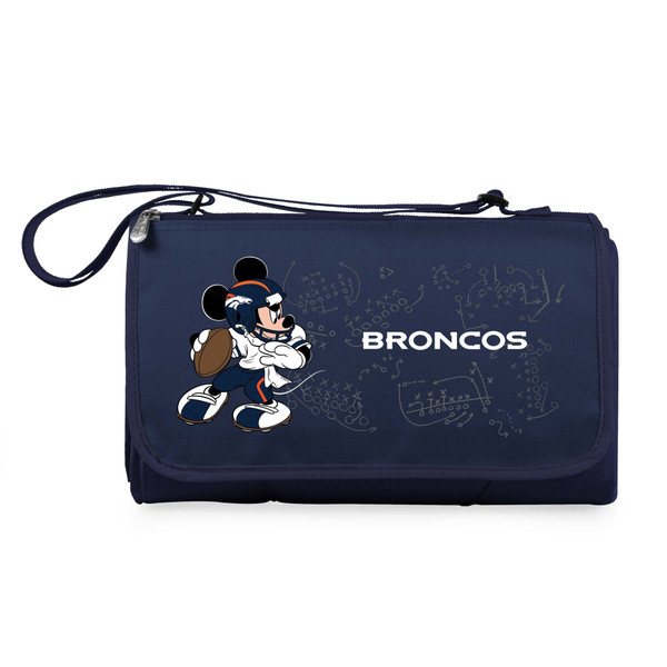 Denver Broncos Mickey Mouse Blanket Tote Outdoor Picnic Blanket, (Navy Blue with Black Flap)