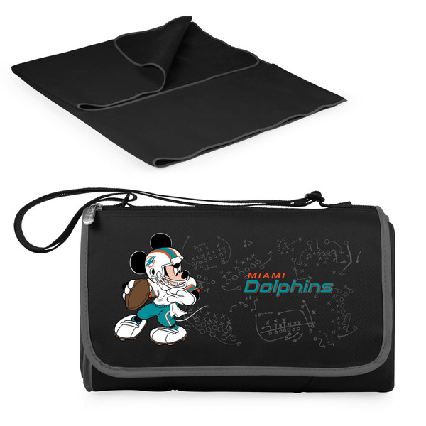 Miami Dolphins Mickey Mouse Blanket Tote Outdoor Picnic Blanket, (Black with Black Exterior)