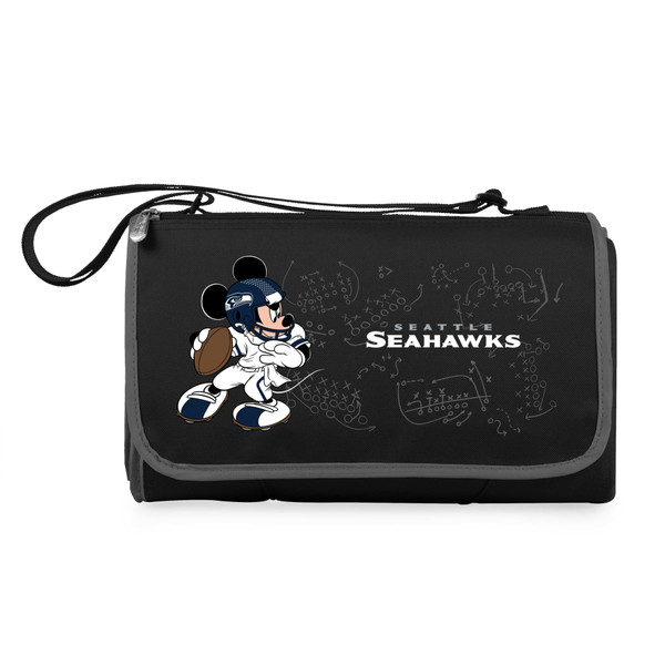 Seattle Seahawks Mickey Mouse Blanket Tote Outdoor Picnic Blanket, (Black with Black Exterior)