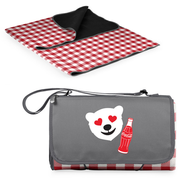 Coca-Cola Emoji Blanket Tote Outdoor Picnic Blanket, (Red & White Gingham Pattern with Gray Flap)