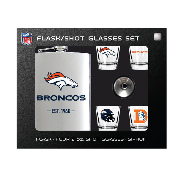 Denver Broncos Flask Gift Set Stainless Steel Barware NFL Fan Gift