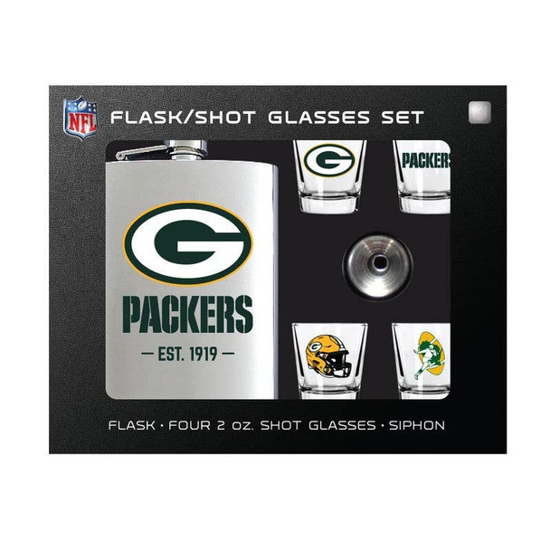 Green Bay Packers Flask Gift Set Stainless Steel Barware NFL Fan Gift