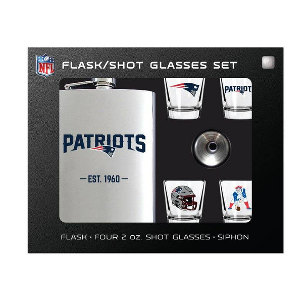 New England Patriots Flask Gift Set Stainless Steel Barware NFL Fan Gift