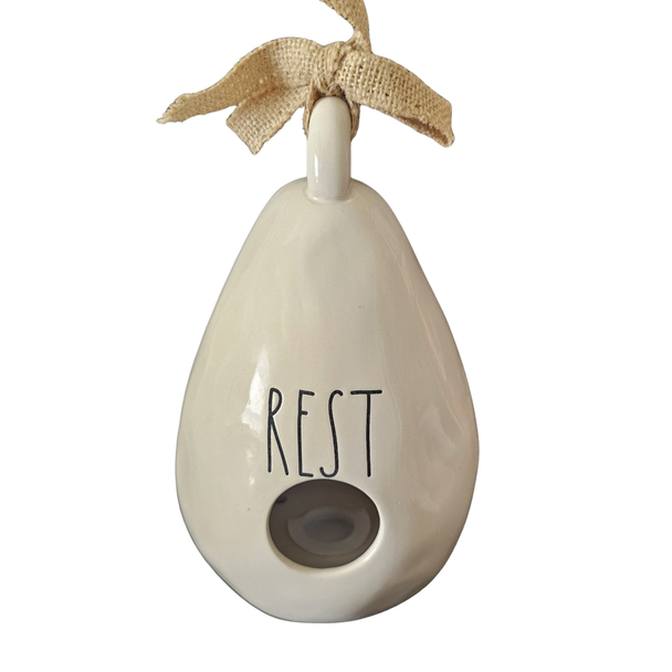 Rae Dunn "REST" Tear Drop Ceramic Bird House W/ Feather Artisian Collection New