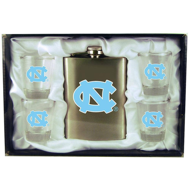 North Carolina Tar Heels 8oz Stainless Steel Flask w/4 Cups