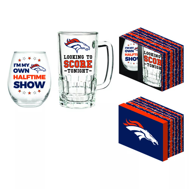 Denver Broncos Drink Set Boxed 17oz Stemless Wine and 16oz Tankard