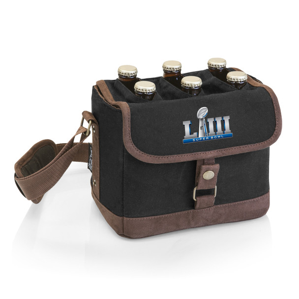 Super Bowl 53 Beer Caddy Cooler Tote with Opener, (Black with Brown Accents)