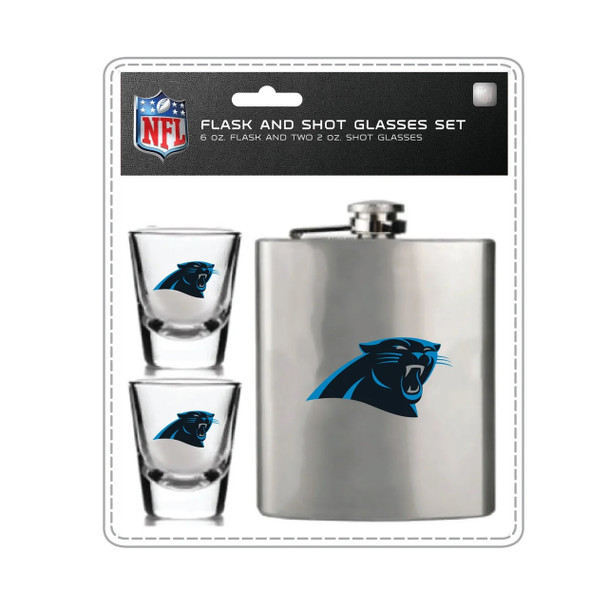 Carolina Panthers Flask and Shot Glass Set Stainless Steel Barware Fan Gear