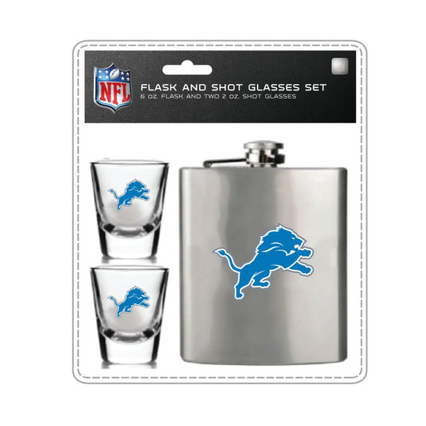 Detroit Lions Flask and Shot Glass Set Stainless Steel Barware Fan Gear