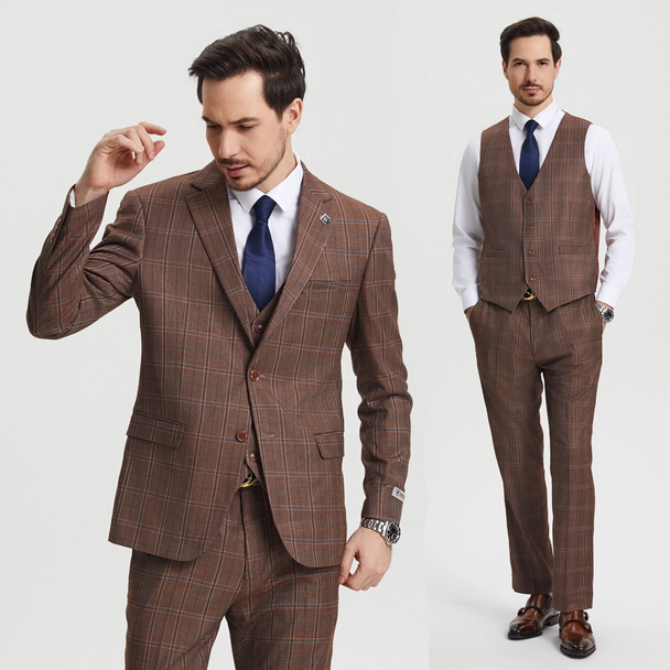 Stacy Adams 3-Piece Plaid Suit Hybrid Fit - Brown (SM159H1)