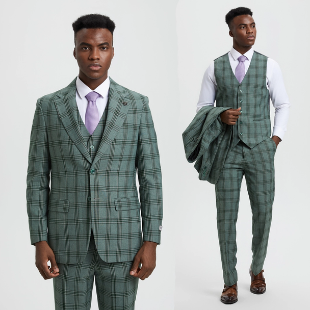 Stacy Adams 3-Piece Plaid Suit Notch Lapel - Green (SM166H1)