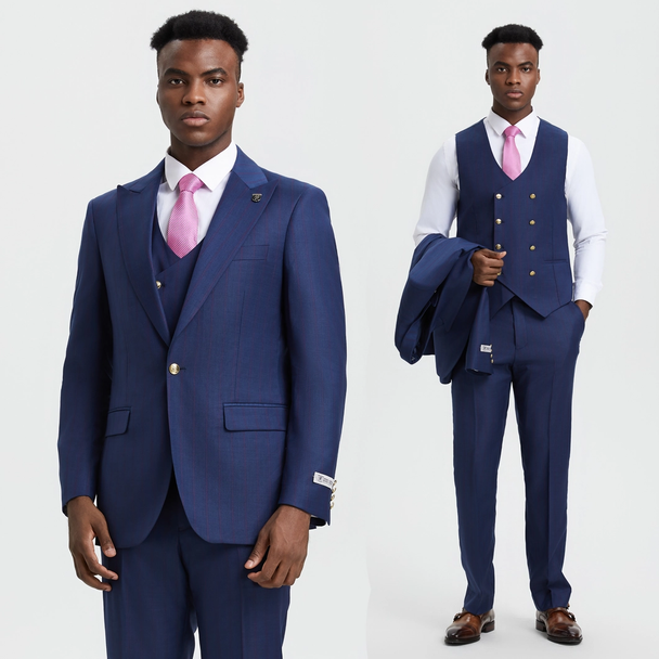 Stacy Adams 3-Piece Double Breasted Pinstripe Suit - Navy (SM165H1)