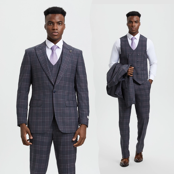 Stacy Adams 3-Piece Plaid Suit Double Breast Vest - Gray (SM170H1)