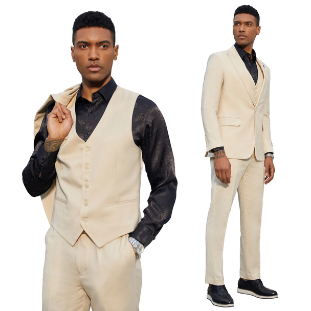 Stacy Adams 3-Piece Solid Suit 2 Button Peak Lapel - Tan (SM333H1)