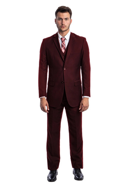 Men's Modern Fit 3-Piece Suit - Burgundy