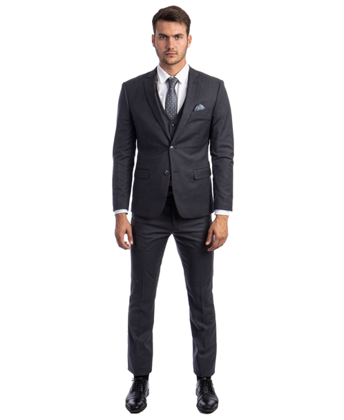 Light Weight Men's Stretch Skinny Fit 3-Piece Suit - Charcoal Grey
