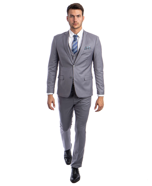Light Weight Men's Stretch Skinny Fit 3-Piece Suit - Grey