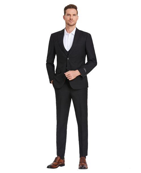 Men's 3-Piece Plaid Suit with Diagonal Vest - Black
