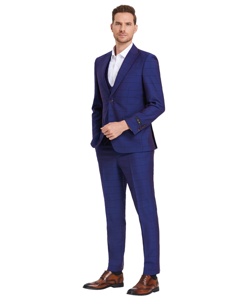 Men's 3-Piece Plaid Suit with Diagonal Vest - Admiral Blue