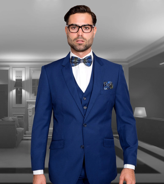 100% Italian Wool Men's 3-Piece Suit - Sapphire