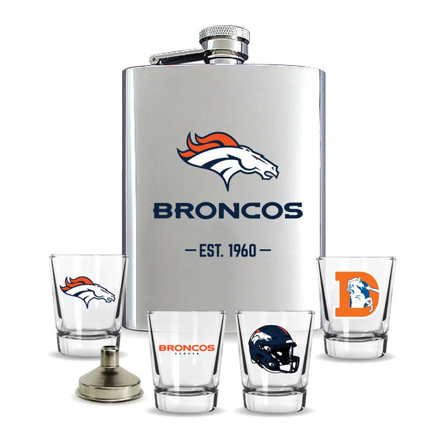 Denver Broncos Flask Gift Set Stainless Steel Barware NFL Fan Gift