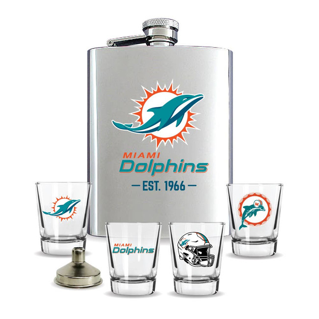 Miami Dolphins Flask Gift Set Stainless Steel Barware NFL Fan Gift