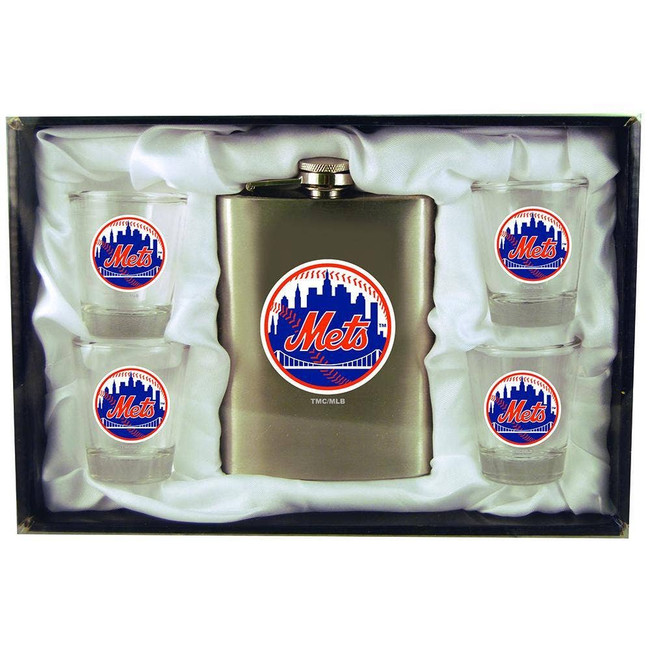 New York Mets 8oz Stainless Steel Flask w/4 Cups