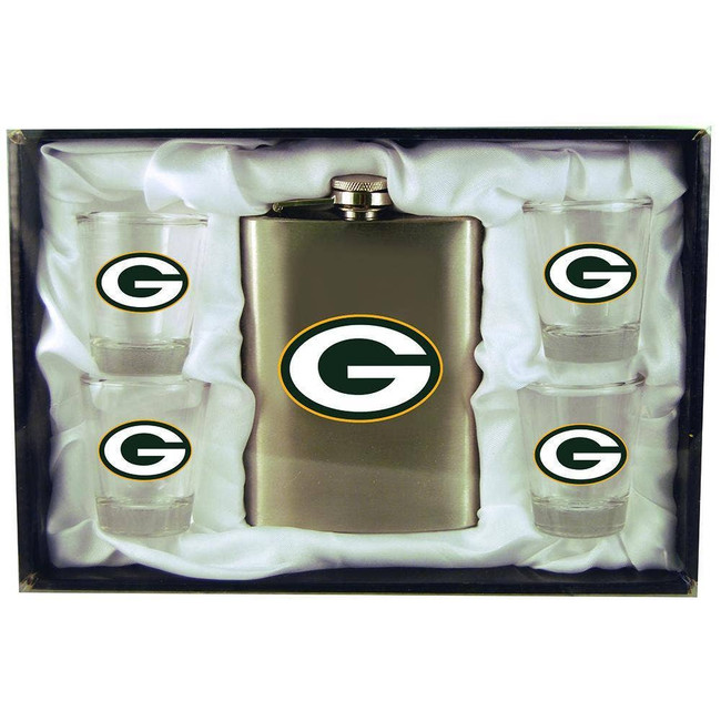 Green Bay Packers 8oz Stainless Steel Flask w/4 Cups