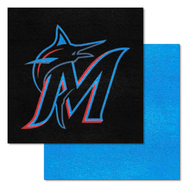 Miami Marlins Team Carpet Tiles - 45 Sq Ft. with Logo on Black M Marlin Cap Logo